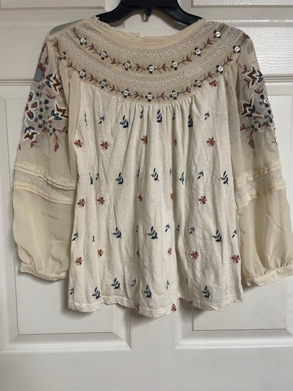 Anthropologie Cream Boho Embroidered Peasant Blouse with Blue & Rust Accents